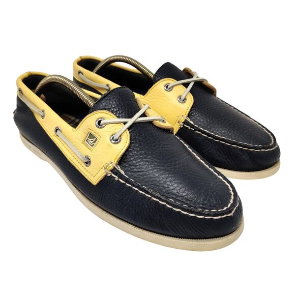 Sperry Mens Leather Two Tone Loafers Size 11 M Yellow Navy Blue Casual Comfort - Picture 1 of 15